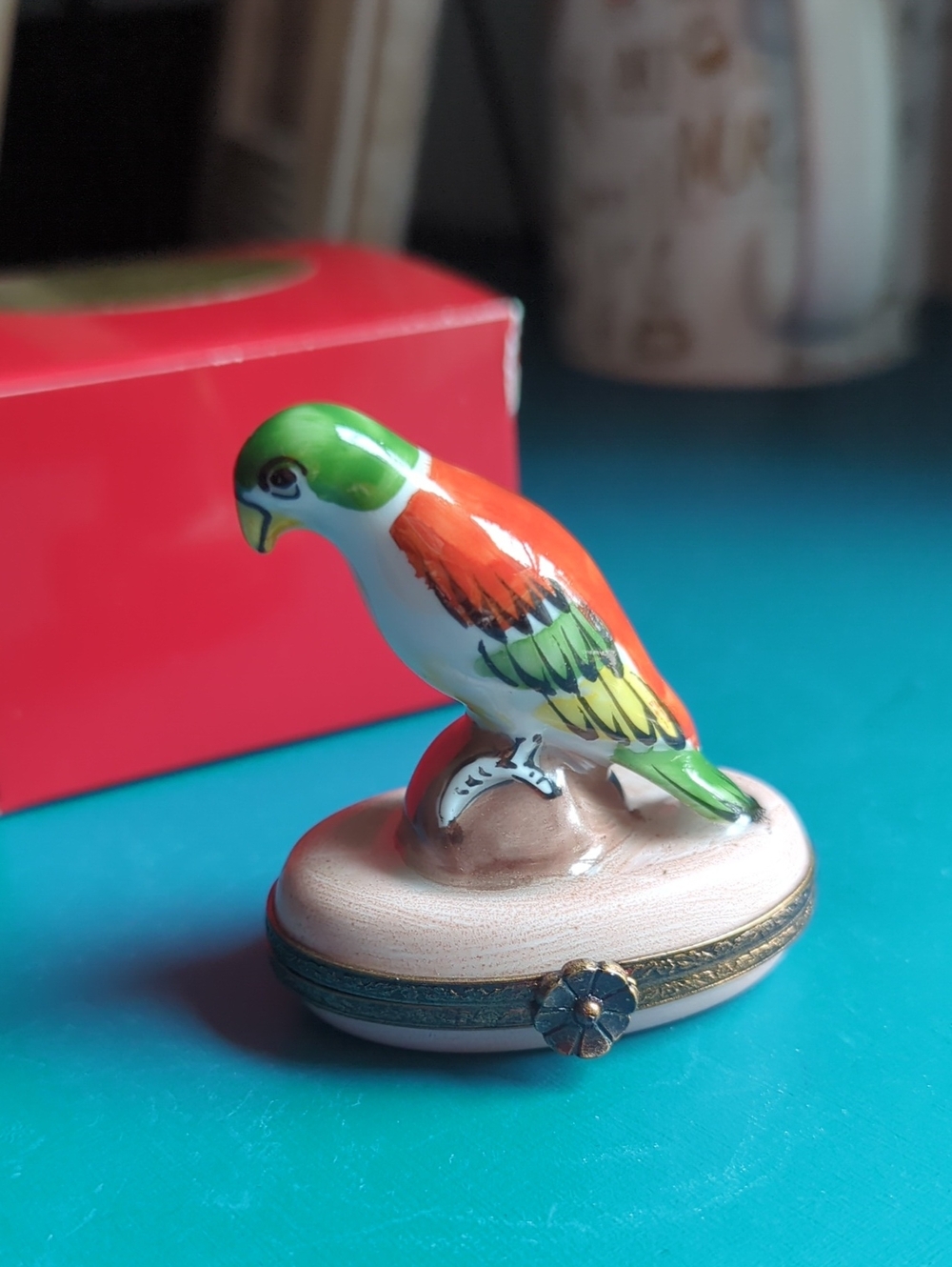 Limoges Hand-Painted Parrot Trinket Box in Green, Orange, Yellow, White